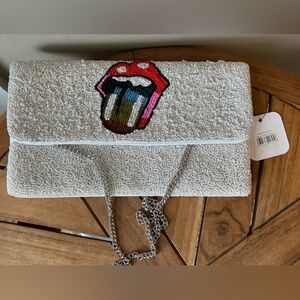 NWT Special Event Beaded Lip Clutch W/Chain Strap Crossbody Teeth Rainbow Tongue